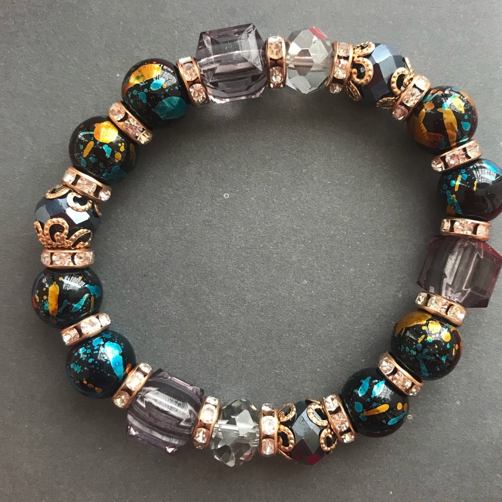 Sparkling Black Stone & Glass Stretch Bracelet